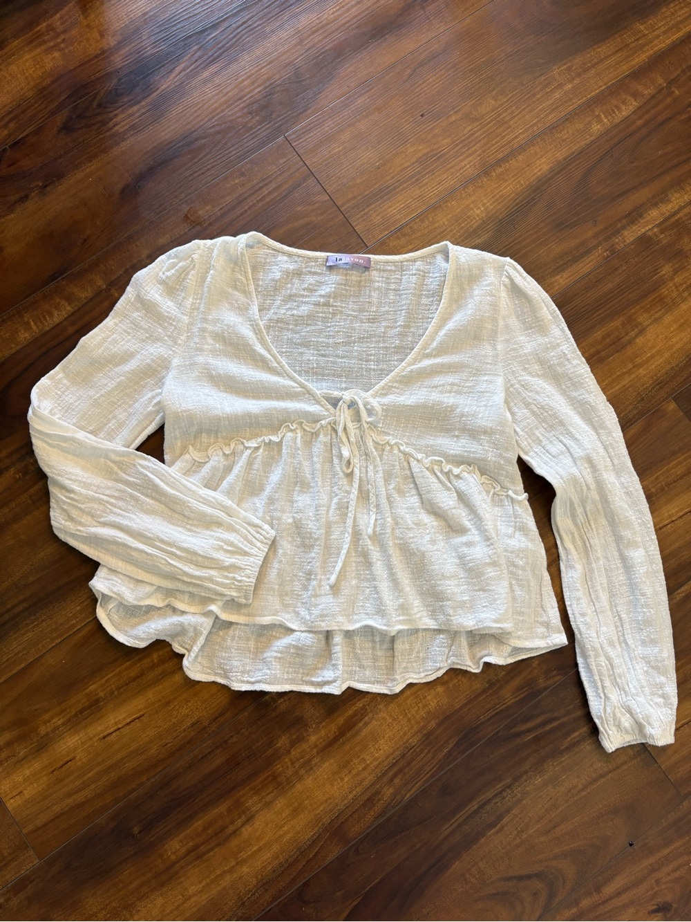 Cream Long-Sleeve Tie-Front Peplum Blouse